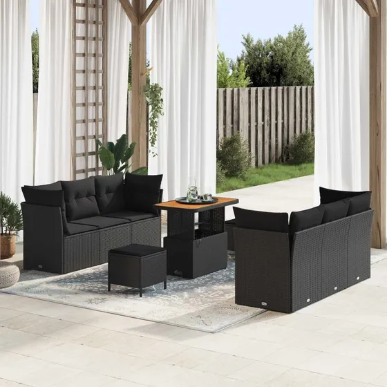 Havesofa sæt 9 dele i sort polyrattan med puder