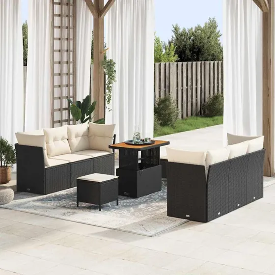 Havesofa sæt 9 dele i sort polyrattan med puder