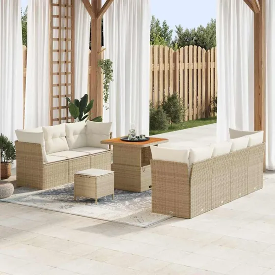 Havesofa sæt 10 dele i beige polyrattan og akacietræ