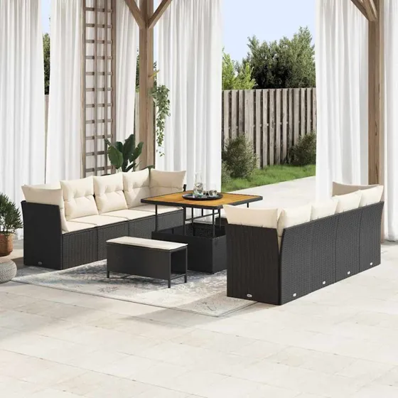 Havesofa Sæt 11 dele i Sort Polyrattan