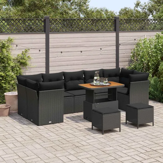 Havesofa sæt 10 dele i sort polyrattan