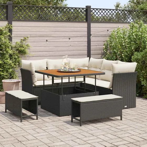 Havesofa sæt 8 dele i sort polyrattan og akacietræ