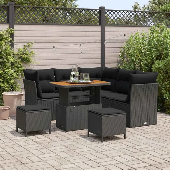 Havesofa sæt 8 dele i sort polyrattan og akacietræ