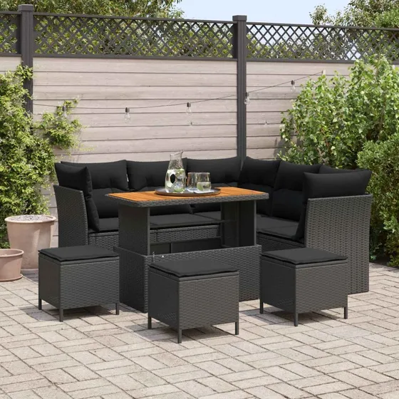 Havesofa Sæt 9-dele i Sort Polyrattan