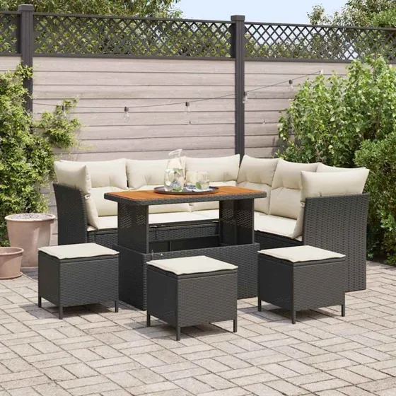 Havesofa sæt 9 dele - Sort polyrattan