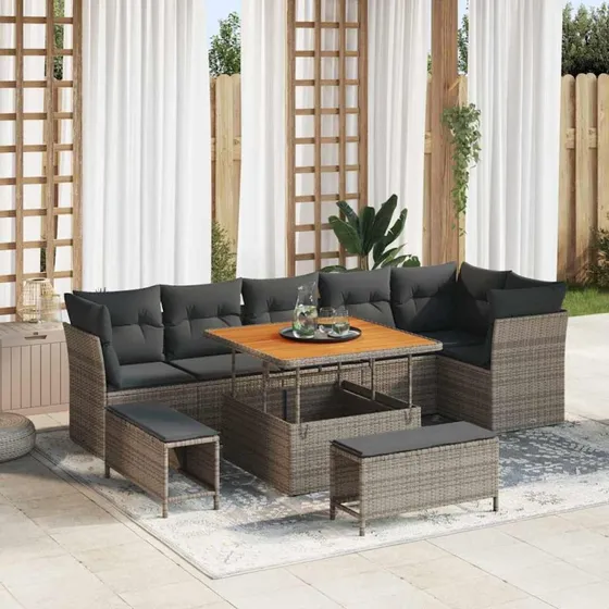 Havesofa sæt 9 dele grå polyrattan med akacietræ