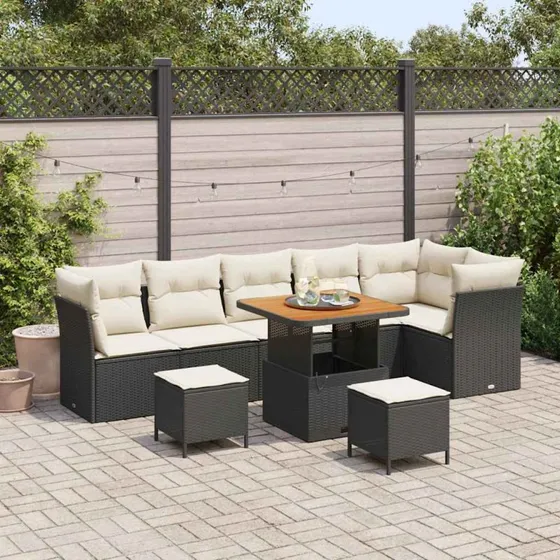 Havesofa sæt 9 dele - Sort polyrattan & akacietræ
