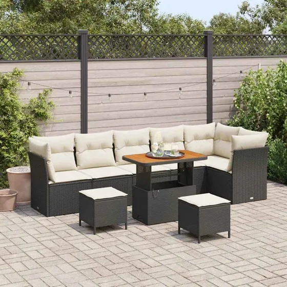 Havesofa sæt 9 dele i sort polyrattan og akacietræ