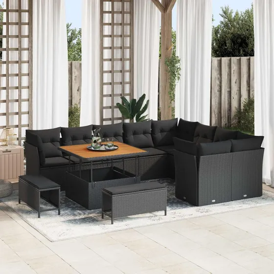 Havesofa sæt 12 dele – Sort polyrattan & akacietræ