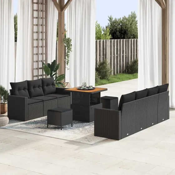 Havesofa Sæt 10 dele i Sort Polyrattan