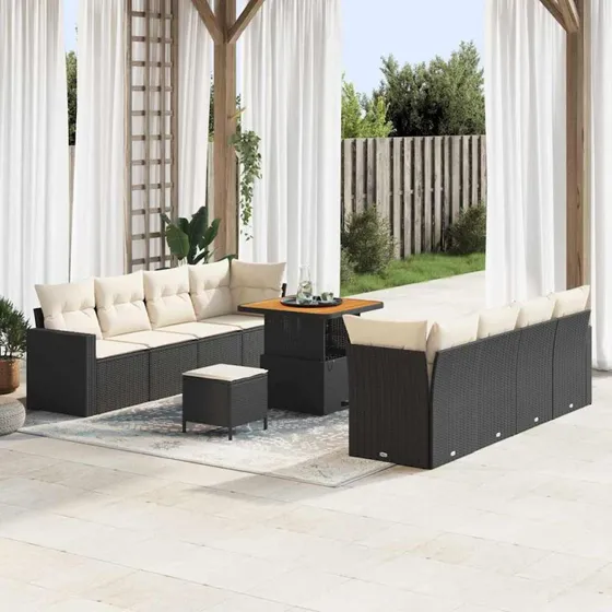 Havesofa Sæt 11 dele Sort polyrattan & akacietræ