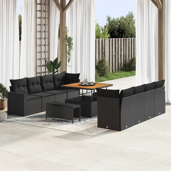 Havesofa sæt 11 dele i sort polyrattan