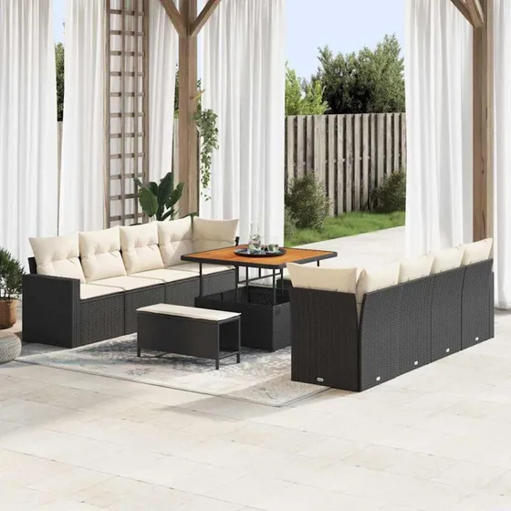 Havesofa Sæt 11 dele - Sort polyrattan & akacietræ