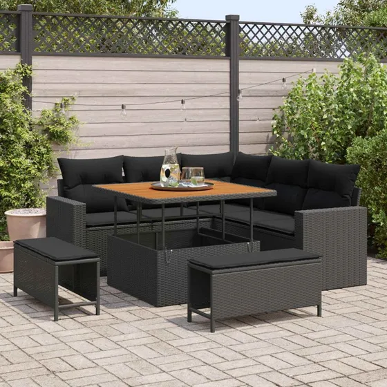 Havesofa Sæt 8 dele i sort polyrattan & akacietræ