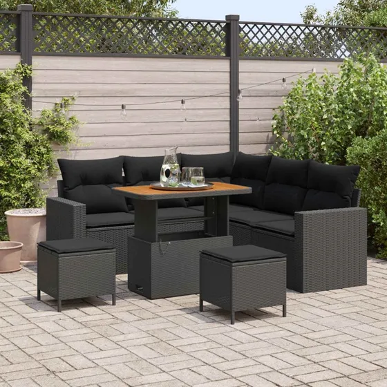 Havesofa sæt 8 dele – Sort polyrattan & akacietræ
