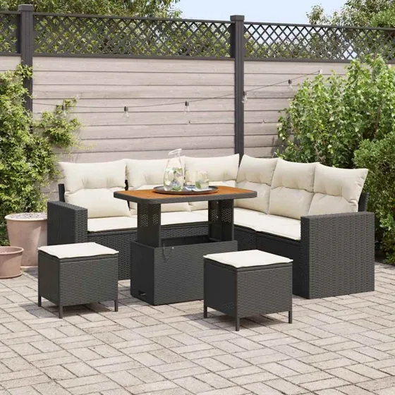 Havesofa sæt 8 dele i sort polyrattan og akacietræ