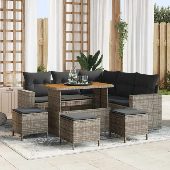 Havesofa sæt 9 dele i grå polyrattan og akacietræ