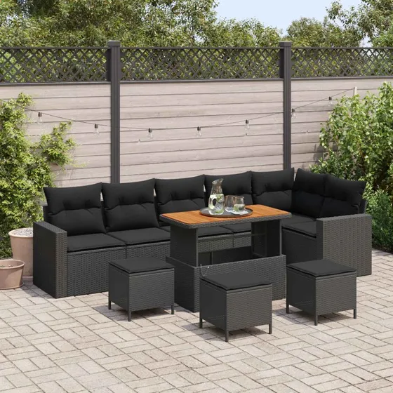Havesofa Sæt 10 dele i Sort Polyrattan - Modulært