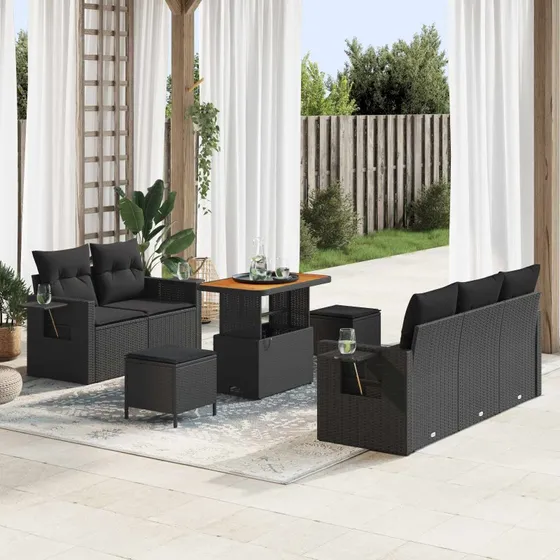 Havesofa sæt 8 dele - Sort polyrattan med puder