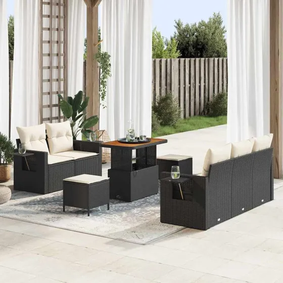 Havesofa sæt 8 dele - Sort polyrattan med hynder