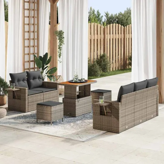 Havesofa sæt 8 dele i grå polyrattan med hynder