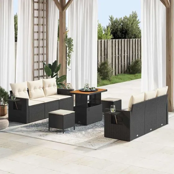 Havesofa sæt 9 dele i sort polyrattan med akacietræ