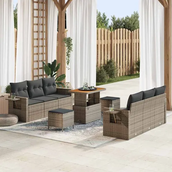 Modulær havesofa sæt 9-dele i grå polyrattan & akacietræ