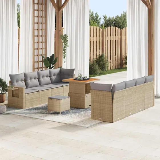Havesofa sæt 11 dele – Beige poly rattan med akacietræ