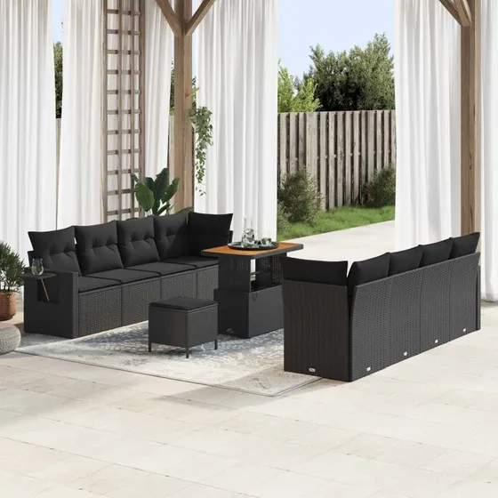 Havesofa 11-pcs modulær sort polyrattan med opbevaring