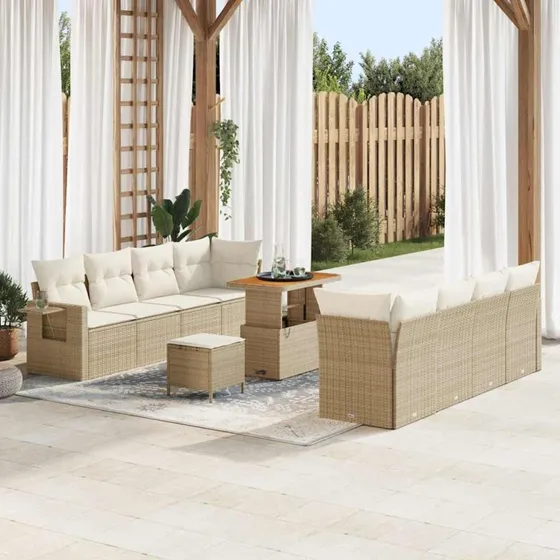 Modulær 11-pcs havesofa i beige poly rattan med opbevaring