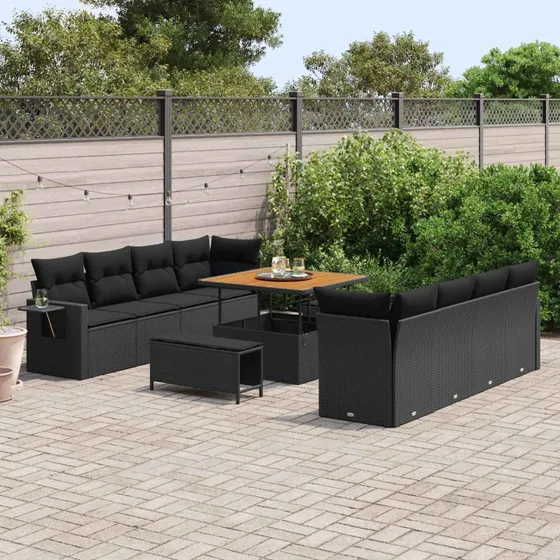 Havesofa sæt 11 dele – Sort poly rattan med hynder