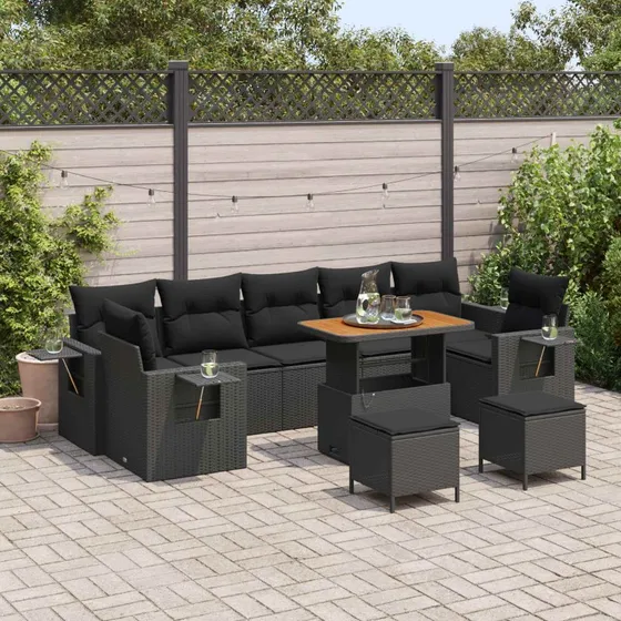 Sort modulært 10-pcs havesofa sæt i polyrattan