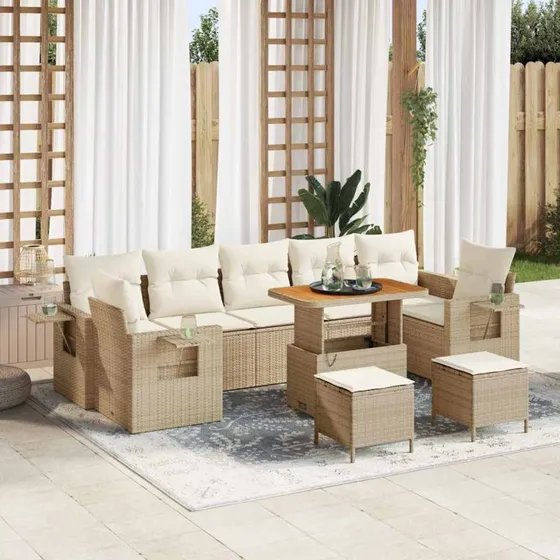 Havesofa sæt 10 dele i beige polyrattan og akacietræ