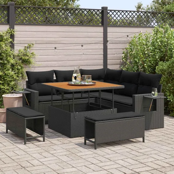 Havesofa sæt 8 dele i sort polyrattan med puder