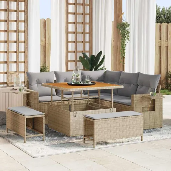Havesofa sæt 8 dele - Beige polyrattan med puder