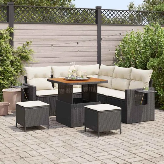 Havesofa sæt 8 dele i sort polyrattan med puder