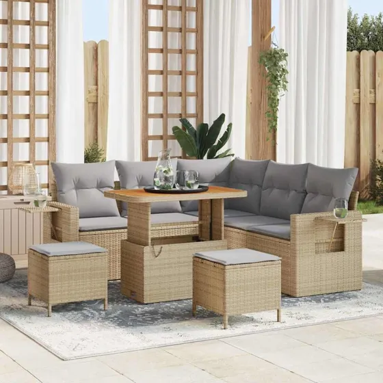 Havesofa sæt 8 dele i beige polyrattan - modulært & med pude