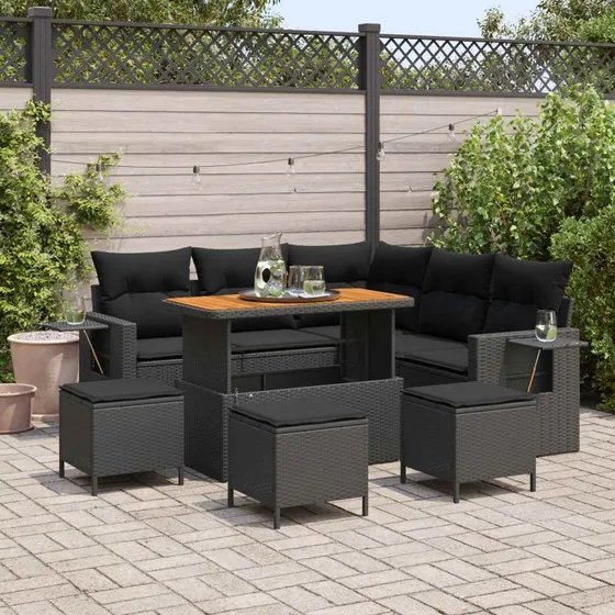 Havesofa sæt 9 dele i sort polyrattan med puder