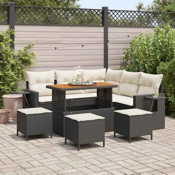 Havesofa sæt 9 dele - Sort polyrattan (modulært)