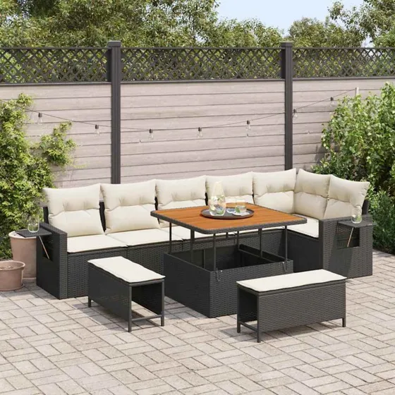 Havesofa sæt 9 dele i sort polyrattan og akacietræ