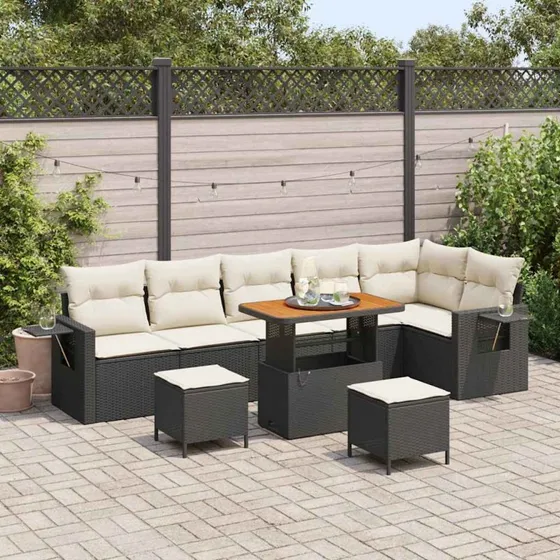 Havesofa sæt 9 dele i sort polyrattan og akacietræ
