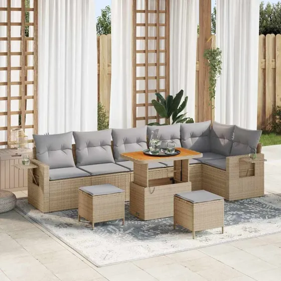 Havesofa sæt 9 stk beige polyrattan med akacietræ