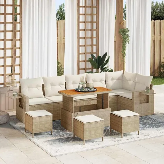 Havesofa sæt 10 dele i beige polyrattan og akacietræ