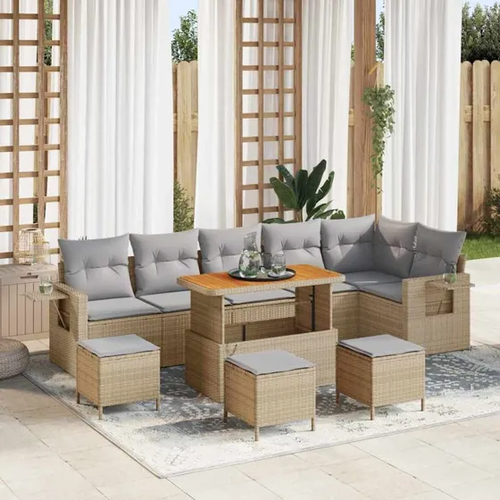 Havesofa sæt 10 dele i beige polyrattan og akacietræ