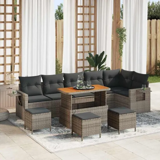 Havesofa sæt 10 dele - grå polyrattan & akacietræ