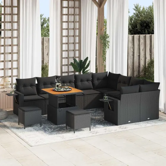 Havesofa Sæt 12 dele i Sort Polyrattan