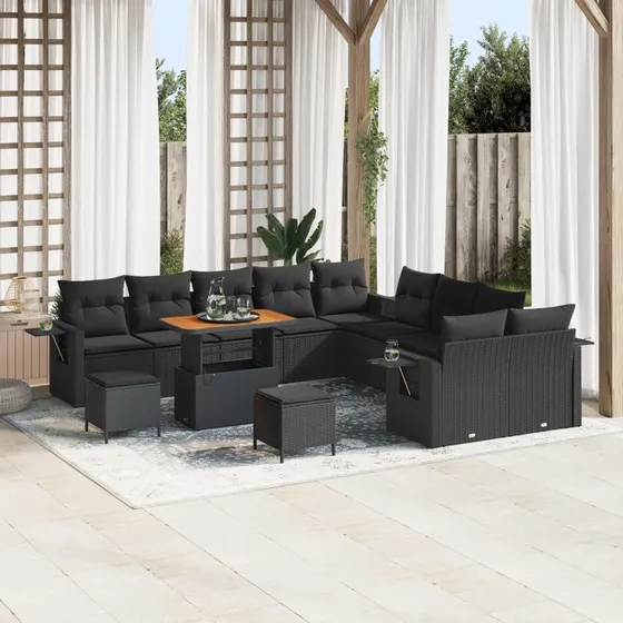 Havesofa sæt 13 dele i sort polyrattan & akacietræ