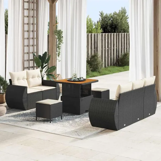 Havesofa sæt 8 dele i sort polyrattan og akacietræ