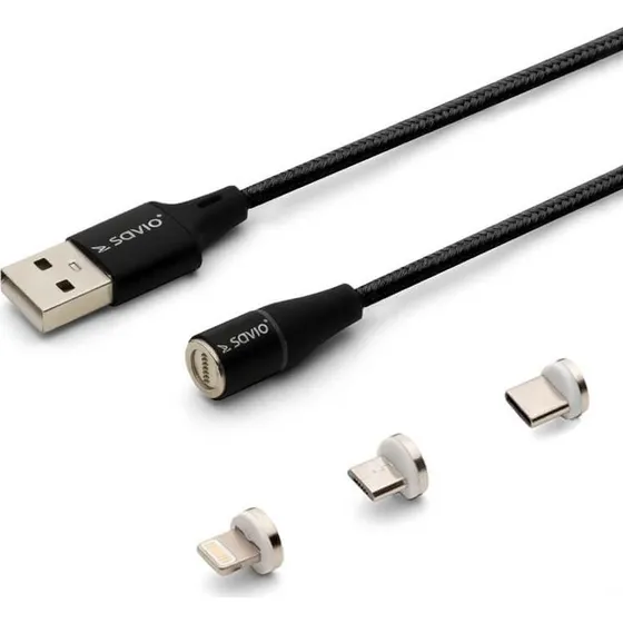Savio CL-155 2 m USB-kabel med magnetisk stik, USB-C/Micro-USB/Lightning, sort