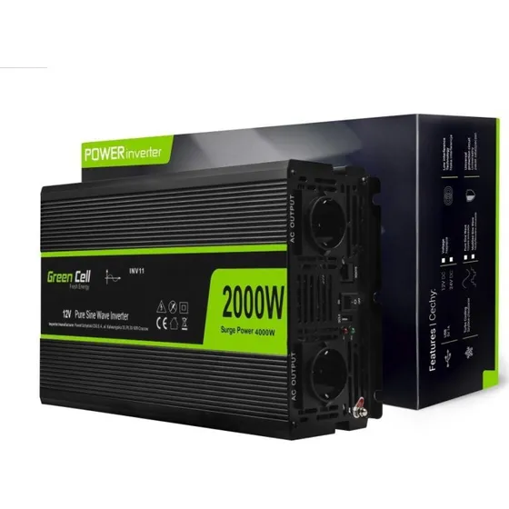 Green Cell 2000W strøminverter 12V til 230V, sort